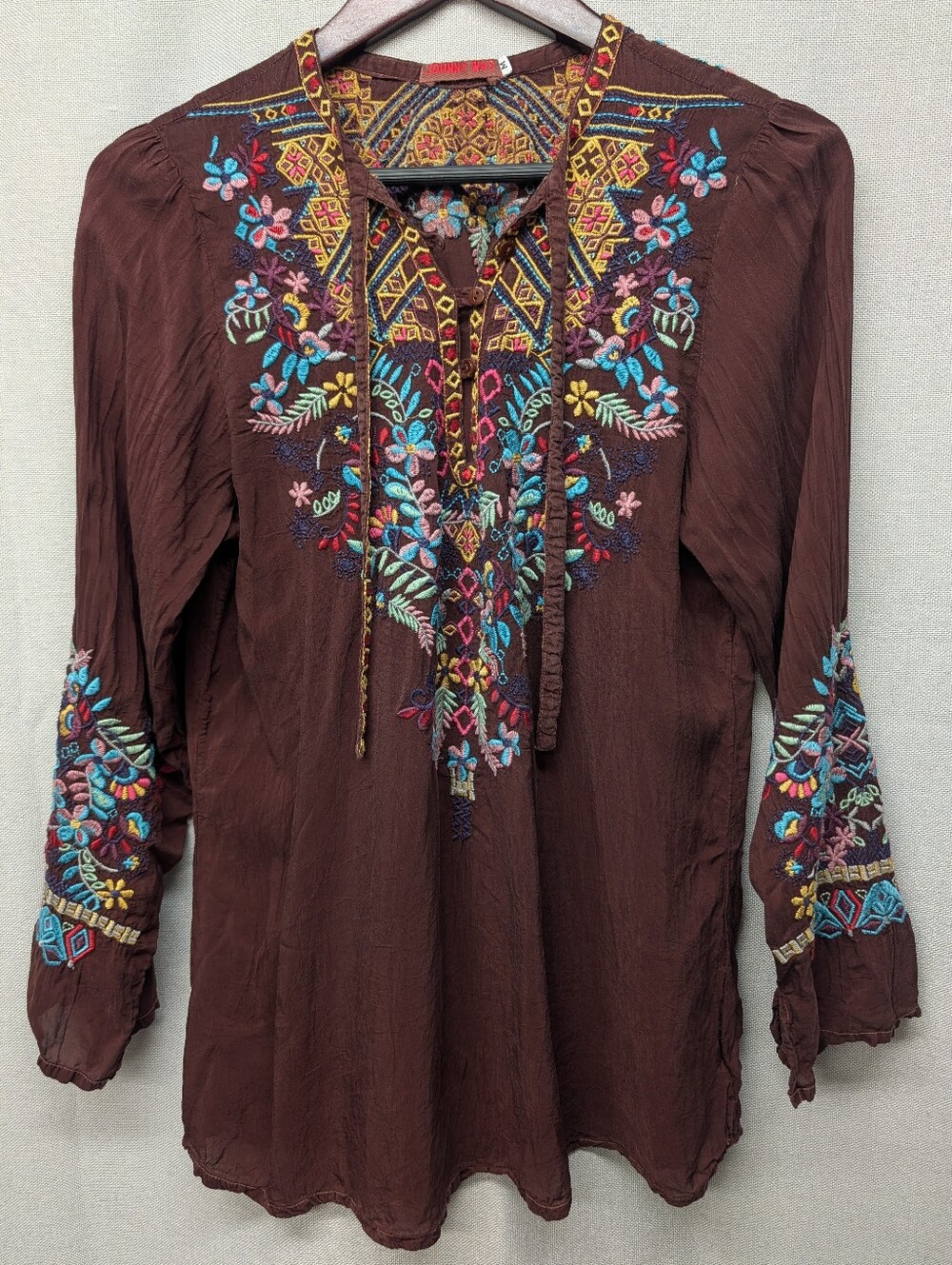 Johnny Was Embroidered Boho Peasant Top In Brown Size Medium EUC